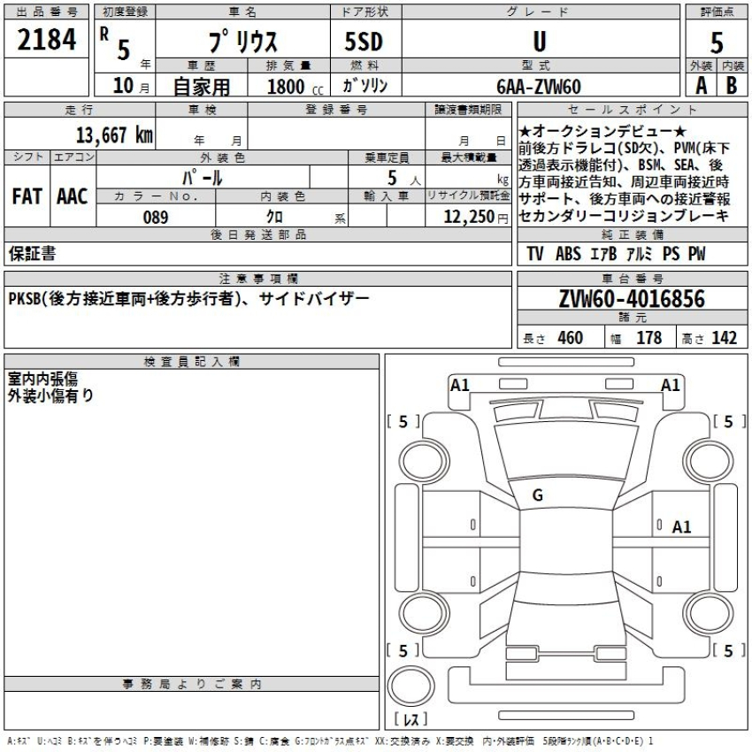 Auction Sheet for Prius