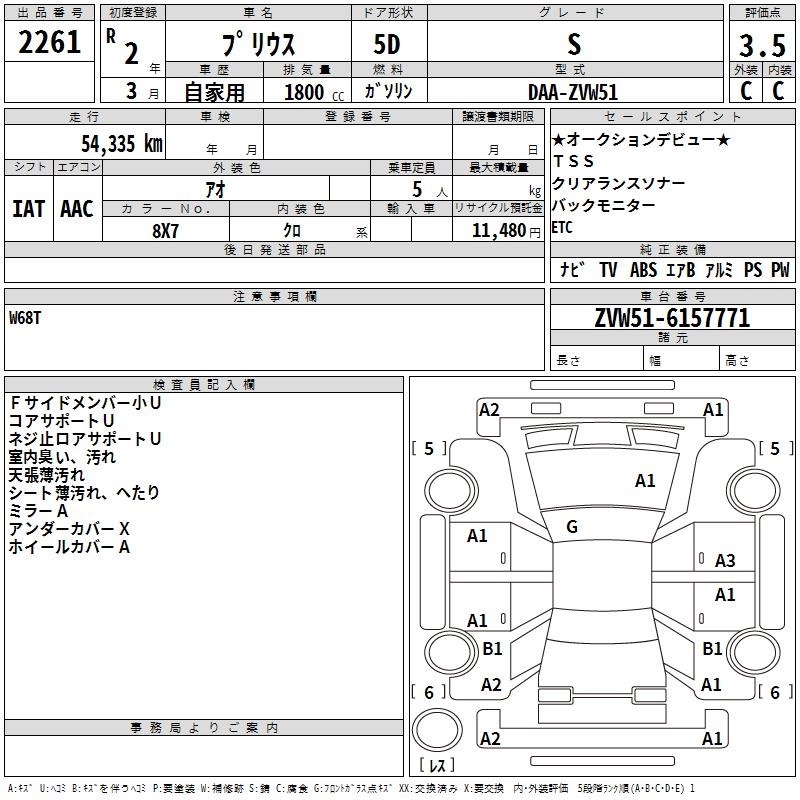 Auction Sheet for Prius