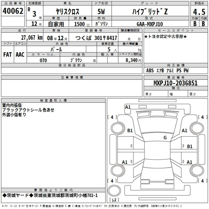 Auction Sheet for Yaris Cross