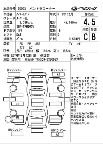 Auction Sheet for Hiace