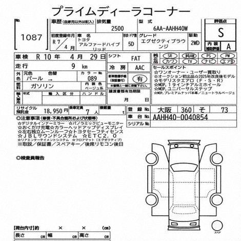 Auction Sheet for Alphard