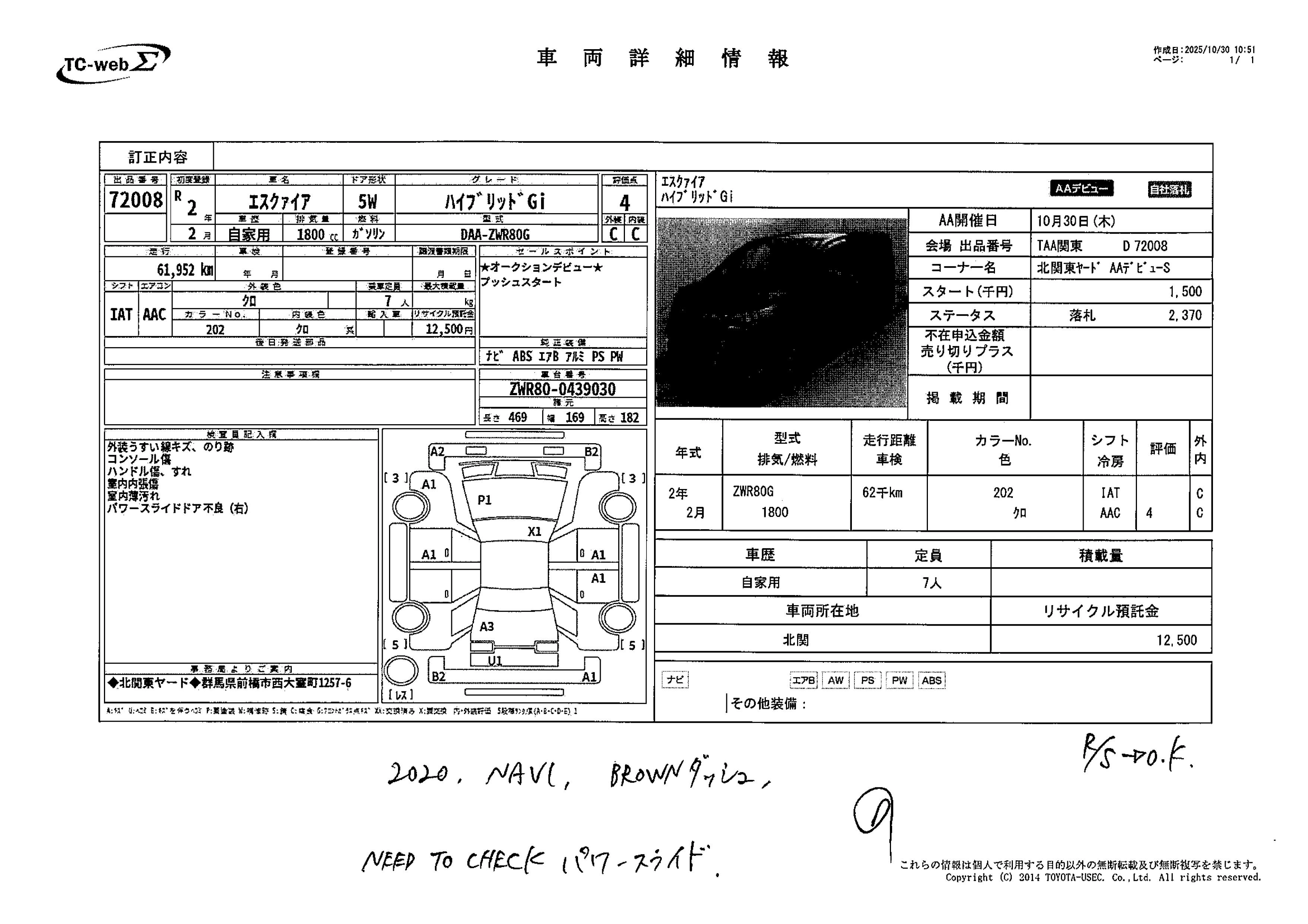 Auction Sheet for Esquire