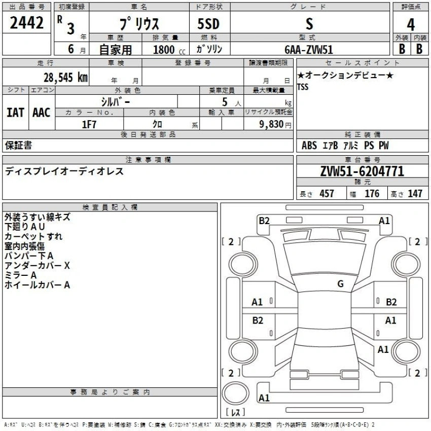 Auction Sheet for Prius