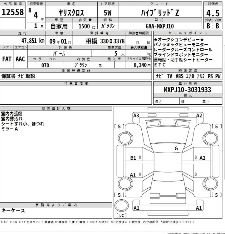 Auction Sheet for Yaris Cross