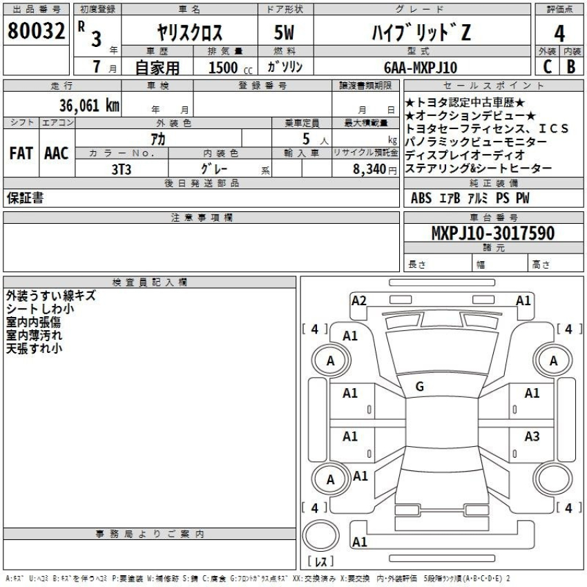 Auction Sheet for Yaris Cross