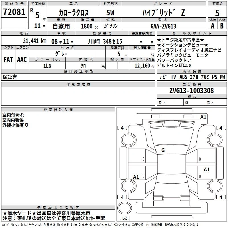Auction Sheet for Corolla Cross