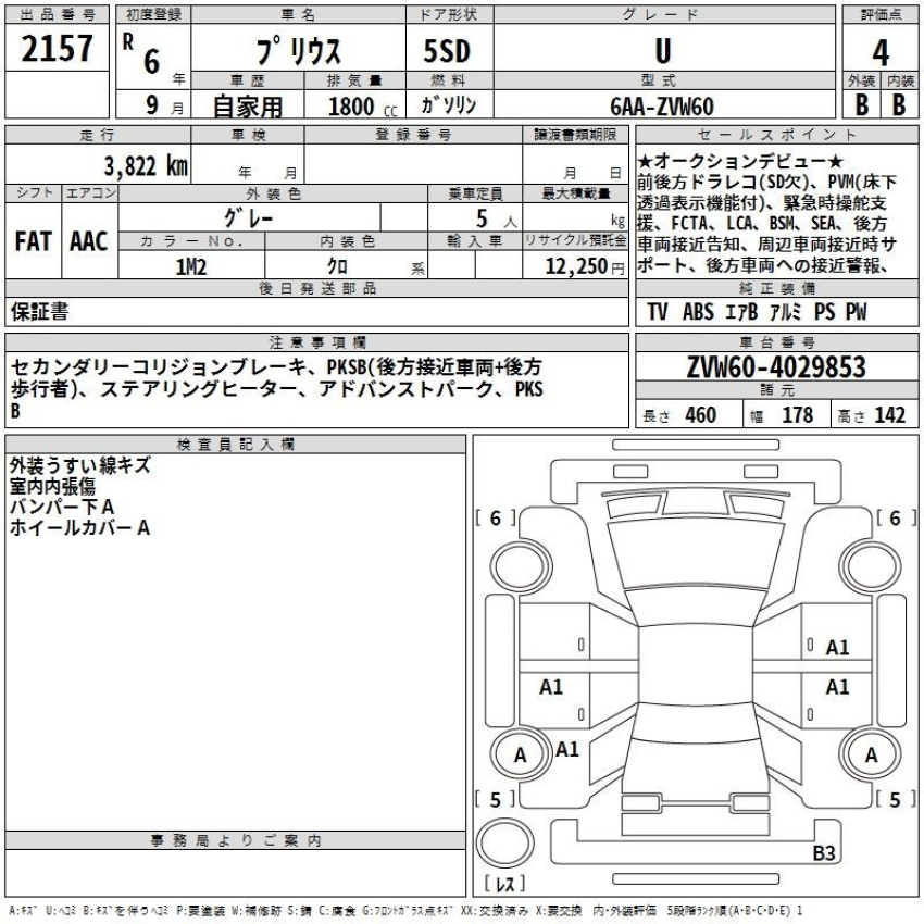 Auction Sheet for Prius
