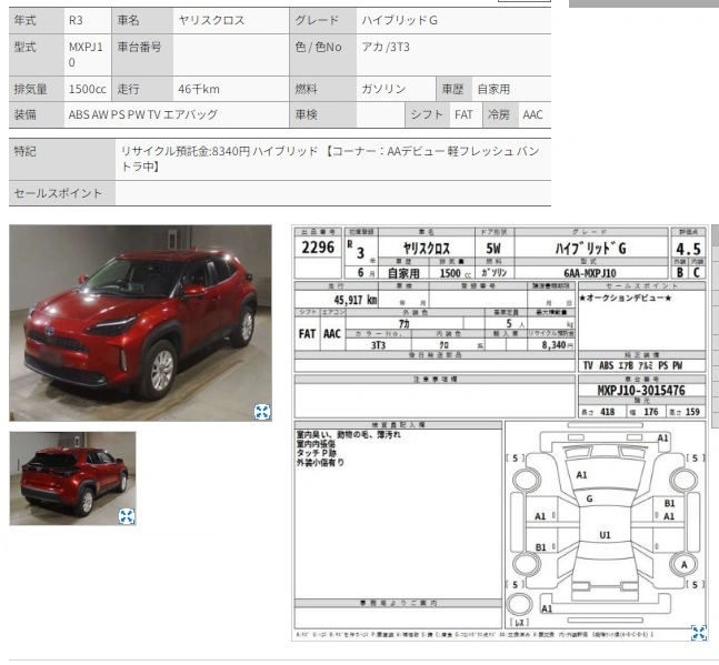 Auction Sheet for Yaris Cross