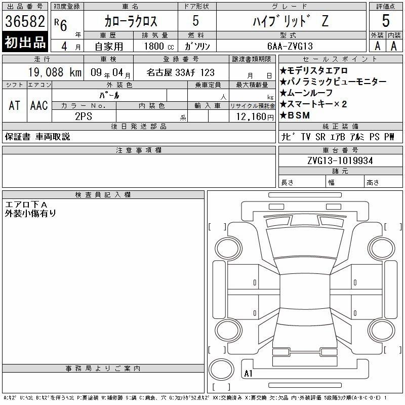 Auction Sheet for Corolla Cross