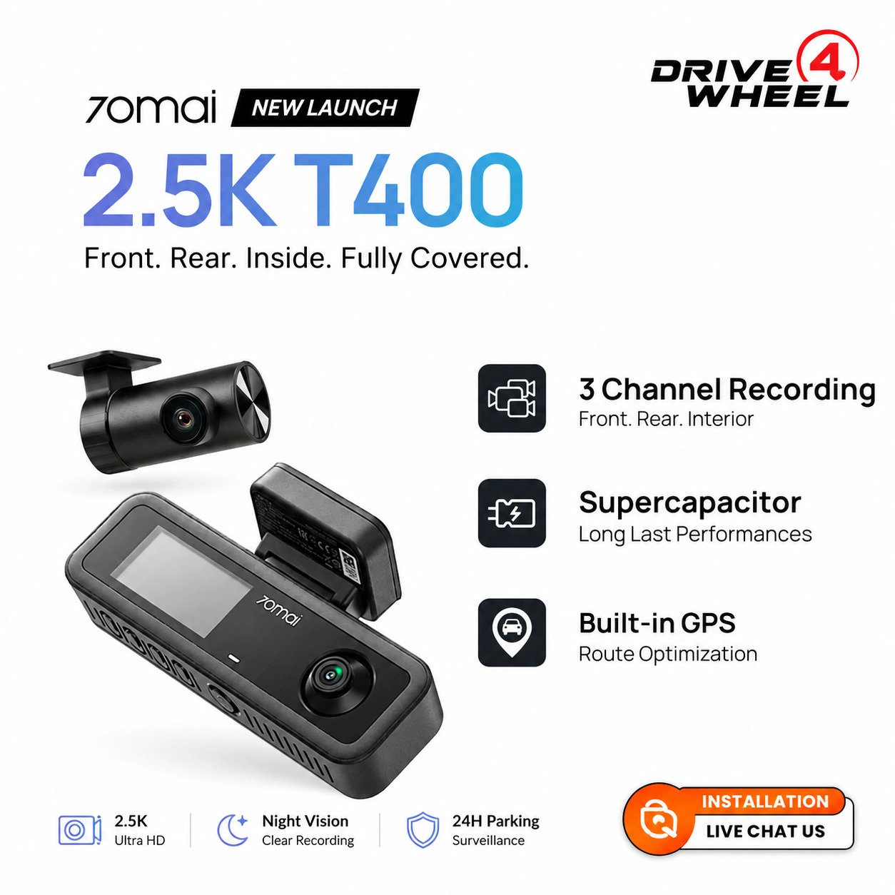 70mai Dash Camera T400 3 Channel 2.5K Front Cabin Rear View Speed Monitoring Car Dash Camera