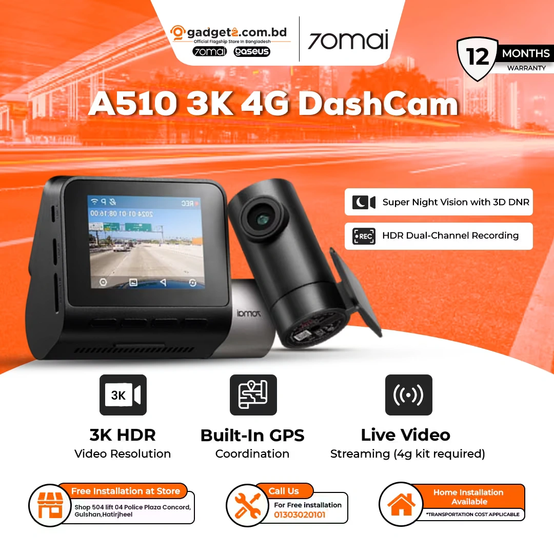 0mai  Dash Cam A510 4G Dual Channel Dash Camera front & back Set with 4G Parking Kit